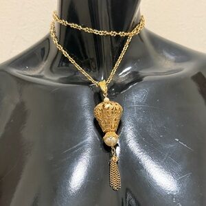 Vintage Monet Gold Pendant Necklace with Chain Tassel